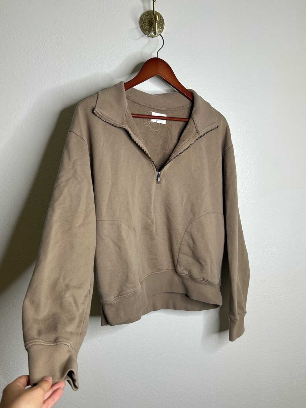 MATE The Label 100% Organic Cotton Fleece Quarter Zip Sweatshirt in Mushroom